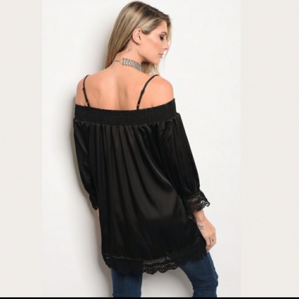 *🔥🔥Off Shoulder Satin Top-BLACK- - Picture 3 of 3